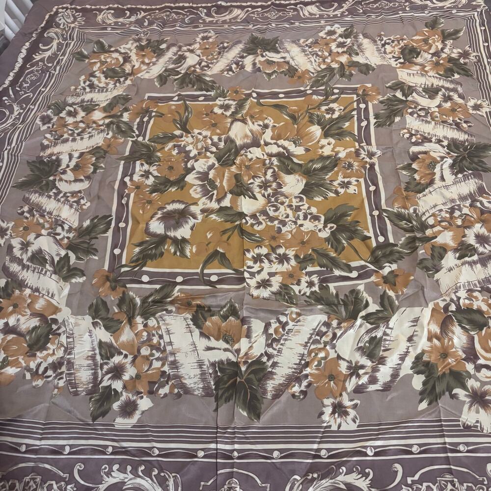 Vintage Earthy Floral Baroque Border Print Square Silk Scarf